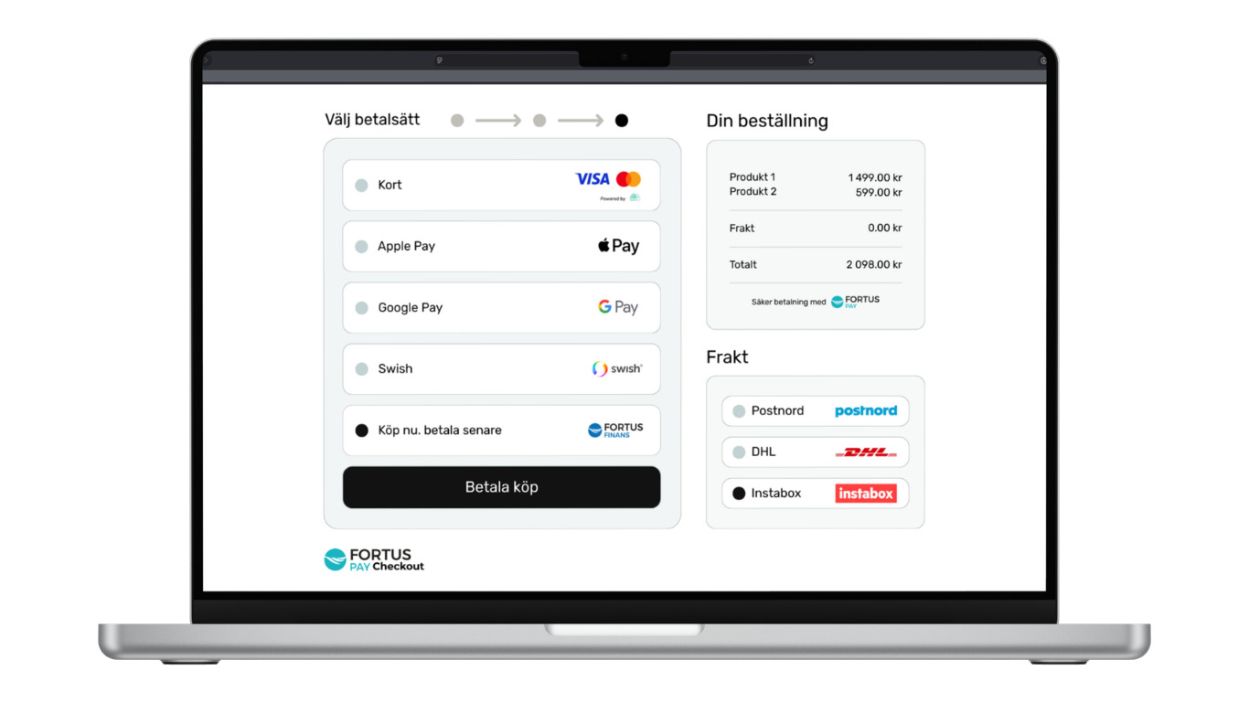 Fortus Checkout på laptop med betalsätt och ordersammanfattning