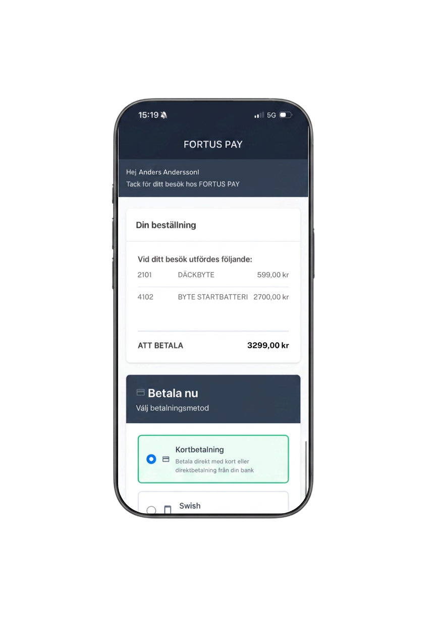 Fortus Pay betallänk i mobilen med ordersammanfattning