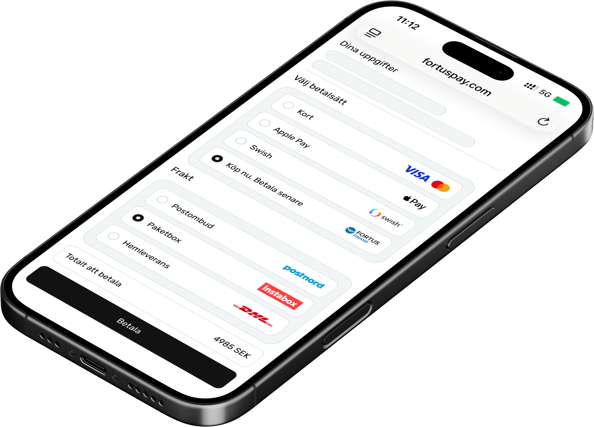 Fortus Checkout mobilvy med säker betalning via BankID och 3D Secure