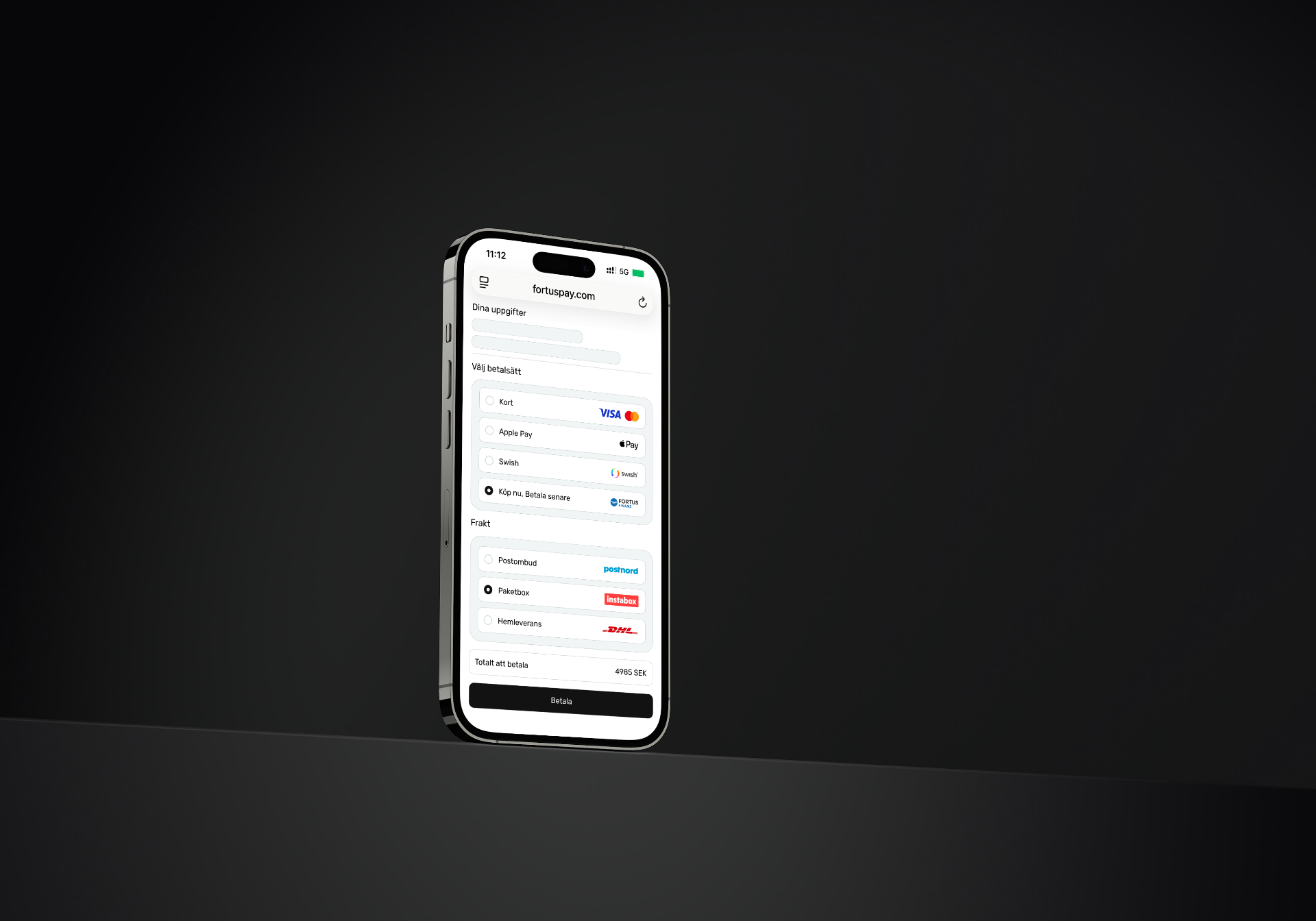 Fortus Pay checkout i mobilen – välj betalsätt och frakt
