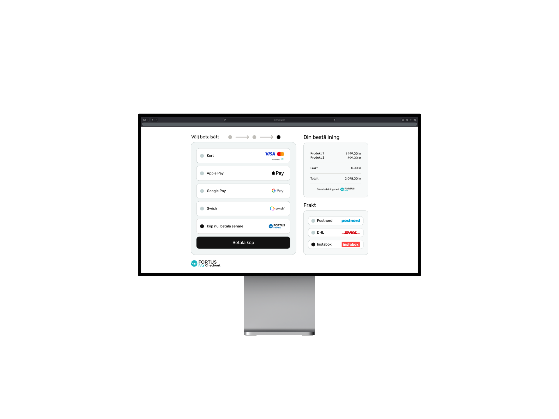 Fortus Pay checkout-gränssnitt med kort, Swish och faktura